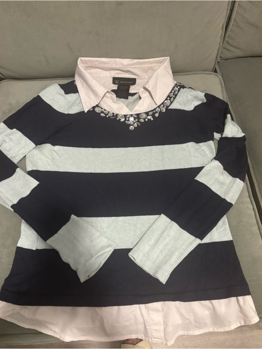 Striped Embellished Layered-Look Sweater Top - Navy & Light Blue
